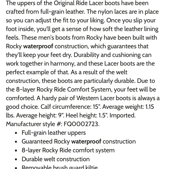 Rocky Original Ride Lacer Waterproof Western Boots for Men size 11 M - Picture 11 of 11